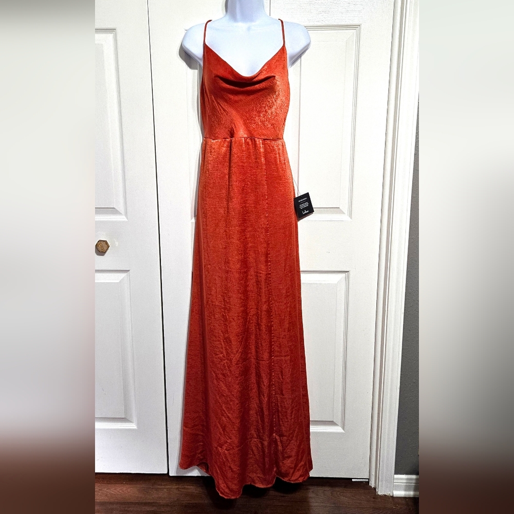 NWT Lulu's Maxi Dress Love Of Romance Orange Rust Satin Cowl Neck